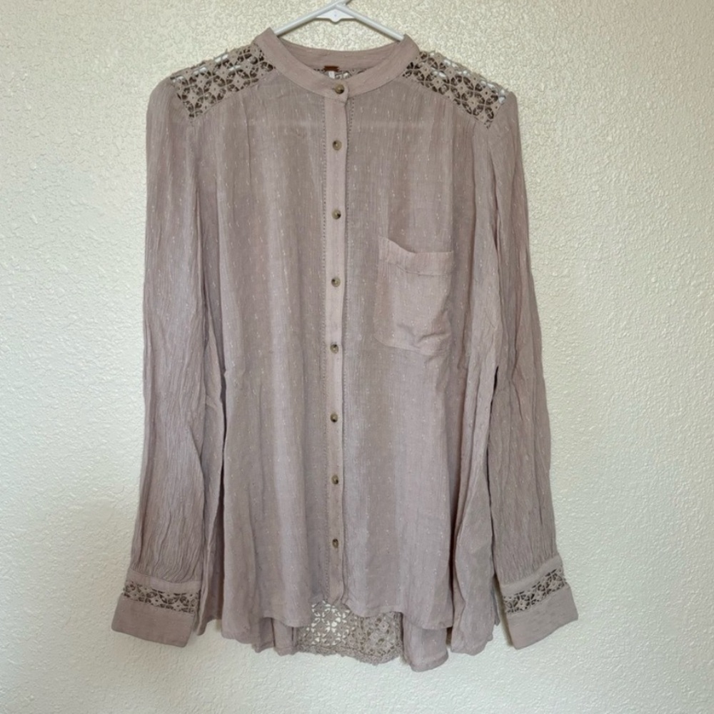 Free People Taupe Crochet Lace Button Down Long Sleeve Blouse Small